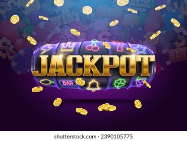 Shining sign Jackpot with slot machine and golden coins. Vector illustration.