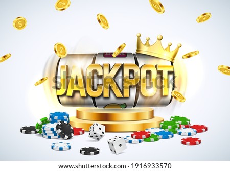 Shining sign Jackpot with slot machine, golden crown, coins, dice and poker chips . Vector illustration.