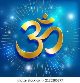 Shining sign Om (Aum) on blue starry heaven. Sacred symbol of primary sound and creation of the Universe in Hinduism. Vector illustration.