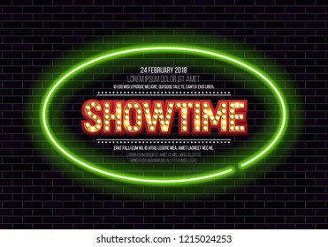Shining sign Showtime with neon frame on brick wall background. Vector illustration.