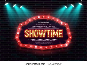 Shining sign Showtime with retro billboard on brick wall background illuminated by spotlights. Vector illustration.