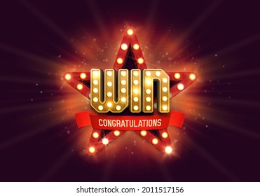 Shining sign Win with retro star. Vector illustration.