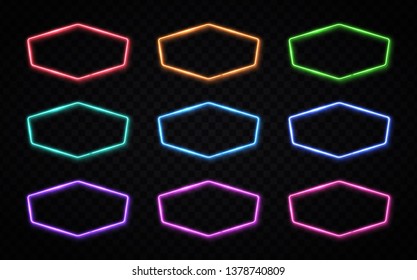 Shining signs collection in hexagon shape. Technology electric led or halogen lamp frames with blank text space. Colorful light borders collection for signage design. 80s style vector illustration.
