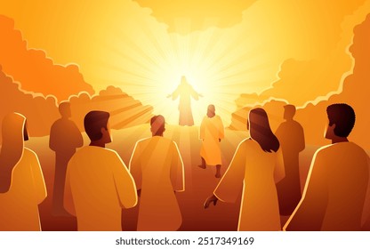 Shining silhouette of Jesus standing on a hill, arms open in a welcoming gesture to his followers. This spiritual image captures the essence of faith, hope, and guidance