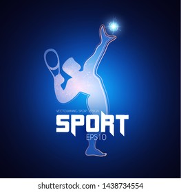 Shining silhouette of tennis player with light effects. Sport background.