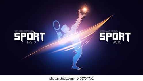 Shining silhouette of tennis player with light effects. Sport background.