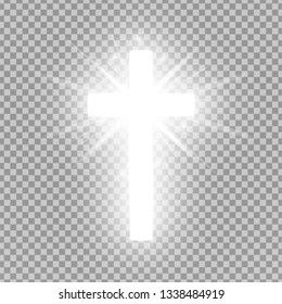 Shining silver cross isolated on transparent background. Riligious symbol. Glowing Saint cross. Easter and Christmas sign. Vector illustration