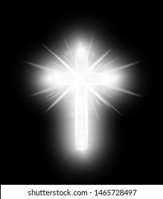 Shining silver cross isolated on black background. Riligious symbol. Glowing Saint cross. Easter and Christmas sign. Heaven concept. Vector illustration