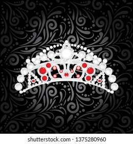 Shining silver crown on a black ornamental background. Vector