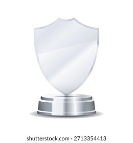 Trofeo de cristal plateado brillante sobre pedestal de metal con corona grabada, destellos metálicos e iluminación suave ideal para competiciones, premios profesionales y gráficos de reconocimiento premium
