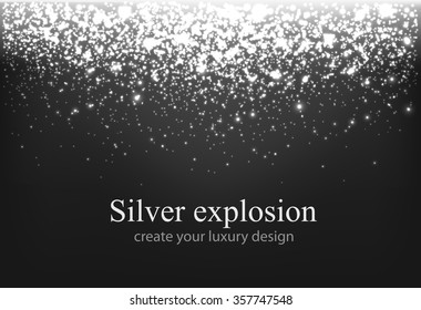 Shining silver explosion on black background, vector