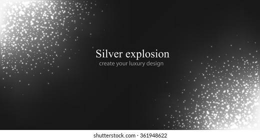 Shining silver explosion on black background, vector