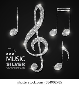 Shining Silver Notes & Treble Clef Collection. Vector illustration 