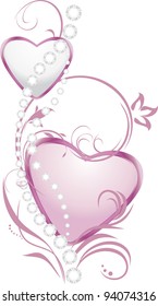 Shining silver and pink hearts with diamonds. Vector