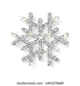 Shining silver snowflakes on white background. Christmas and New Year background. Vector illustration.