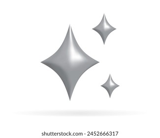 Shining silver stars emoji.3d style gray metallic star icon,twinkle social media platform symbol with shadow on transparent background. Vector illustration EPS 10