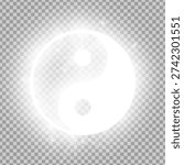 Shining silver Yin and Yang isolated on transparent background. Glowing Taoism sign. Riligious symbol. Vector illustration