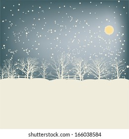 Shining sky, moon and soft snow in the wood
