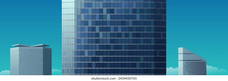 Shining skyscrapers in the sun. Panoramic cityscape from a bird's eye view. Modern architecture of the metropolis, glass building tower. Futurism, minimalistic design, parallax. Vector illustration.