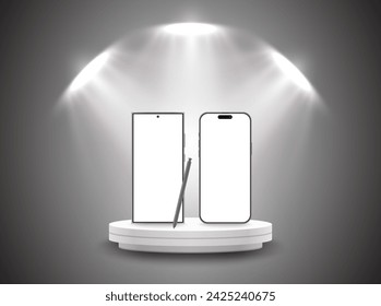 Shining Smartphone on podium and stage illuminated with three spotlights. Product presentation and banner template design. Vector.