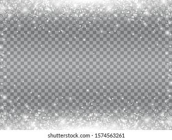 Shining Snow Border. Snow Falling On Transparent Background. Merry Christmas Card. Magic Snowfall. Winter Design Elements For Card, Poster, Web Banner. Vector Illustration.