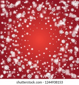 Shining snow or snowflakes on red background. Frame winter snowflakes. Vector illustration.