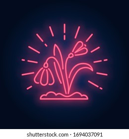 Shining snowdrop in snow neon sign. Springtime design element. Night bright neon sign, colorful billboard, light banner. Vector illustration in neon style.