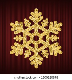 Shining snowflake made of gold vector, isolated luxurious decor element. Merry christmas icon, decorative object on red curtain. Ornament of flake. Red curtain theater background