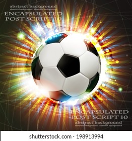 Shining soccer ball on abstract  background with fireworks.  Abstract soccer background.