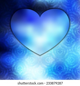 Shining space blue card or invitation template with nice decorative pattern, blurry background and big heart. Fully editable.