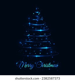 Brillantes y brillantes árboles de Navidad de fondo con estrellas de neón, copos de nieve y partículas brillantes. Resumen de líneas onduladas brillantes brillantes y olas onduladas. Ilustración del vector
