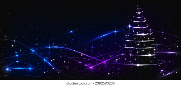 Shining sparkling Christmas trees background with purple stars, snowflakes and glittering particles. Abstract shiny glowing sparkling wavy lines and waves. Vector illustration

