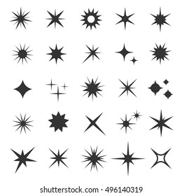 Shining sparkling stars black vector symbols. Monocchrome flash effect illustration