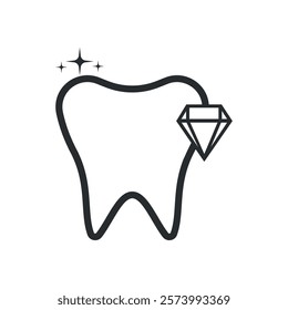 Shining and sparkling tooth with diamond line vector icon. Healthy white tooth outline symbol.