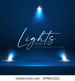 Shining spotlights and empty scene. Glittering abstract background.