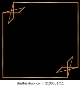 Shining square golden frame. Isolated on black transparent background