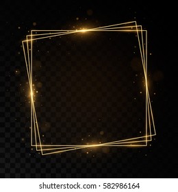 Shining square golden frame. Isolated on black transparent background. Vector illustration, eps 10.