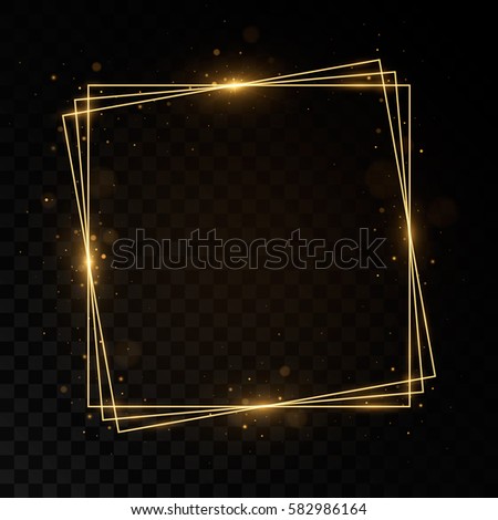 Shining square golden frame. Isolated on black transparent background. Vector illustration, eps 10.