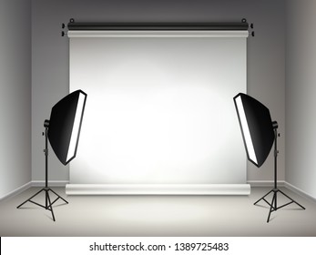 Shining stage. Illumination and glow light effects from projectors softboxes lamps and spotlights vector realistic background