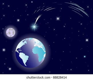 The shining Star of Bethlehem on night sky with earth and moon. Vector.