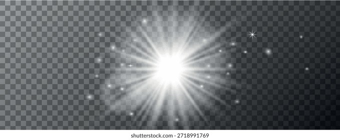 Una estrella brillante, luz brillante sobre un fondo transparente, reflejos estrellados y bokeh, efecto de luz, haz de luz brillante