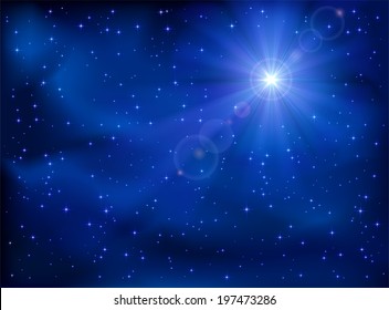 Shining star in the dark blue night sky, illustration.