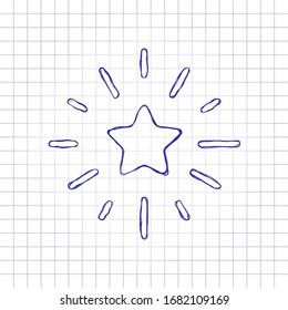 Shining star, excellence or rate. Hand drawn picture on paper sheet. Blue ink, outline sketch style. Doodle on checkered background