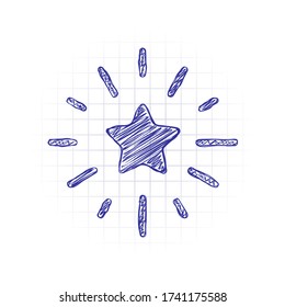 Shining star, excellence or rate. Hand drawn sketched picture with scribble fill. Blue ink. Doodle on white background