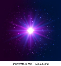 Shining star. Explosion light effect. Bright blue and violet magic star with sparkles. Lens flare. Flash with rays and spotlight. Futuristic light. Star burst. Glowing effect. Vector illustration.