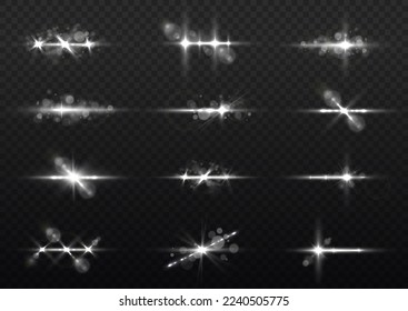 Shining star explosion, sun particles blur and sparks with highlight effect. Effect glare, sun lens rays. White lights bokeh glitter and sequins. Transparent light flare and sparkles lines set, vector