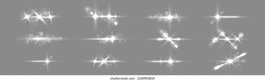 Shining star explosion, sun particles blur and sparks with highlight effect. Effect glare, sun lens rays. White lights bokeh glitter and sequins. Transparent light flare and sparkles lines set, vector
