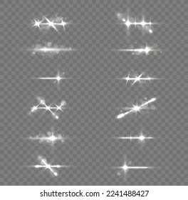 Shining star explosion, sun particles blur and sparks with highlight effect. Effect glare, sun lens rays. White lights bokeh glitter and sequins. Transparent light flare and sparkles lines set, vector