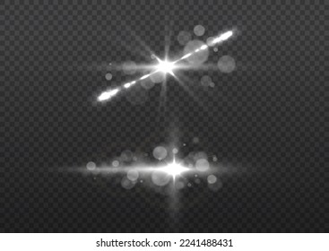 Shining star explosion, sun particles blur and sparks with highlight effect. Effect glare, sun lens rays. White lights bokeh glitter and sequins. Transparent light flare and sparkles lines set, vector