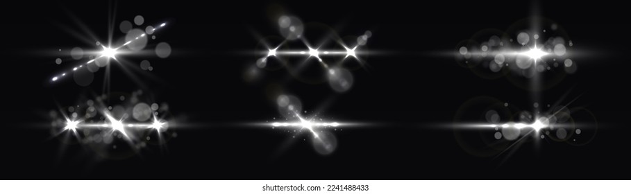 Explosión estelar brillante, partículas solares borrosas y chispas con efecto resaltante. Resplandor de efecto, rayos de lente solar. Las luces blancas rompen el brillo y las secuencias. Conjunto de líneas de destello y destellos transparentes, vector